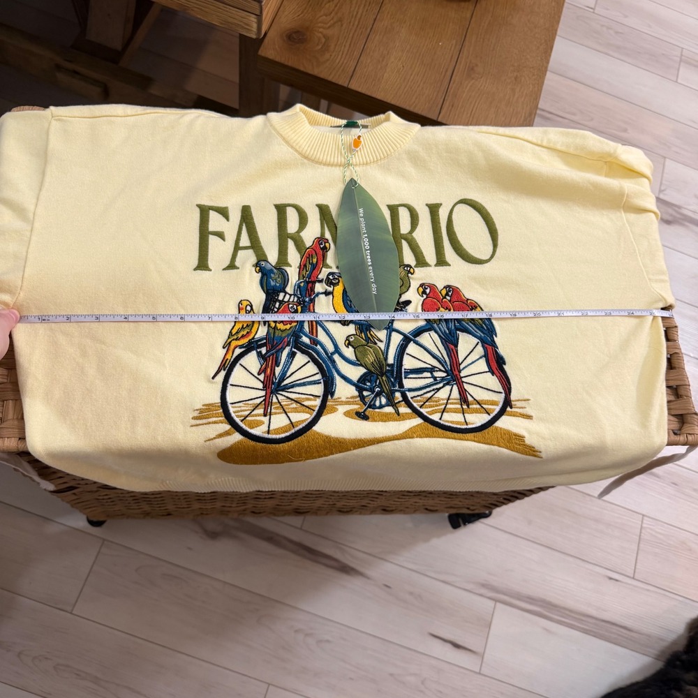 Farm Rio Yellow Birds Bicycle Embroidered Sweater Puff Sleeve Medium NEW - Picture 5 of 8